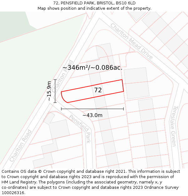 72, PENSFIELD PARK, BRISTOL, BS10 6LD: Plot and title map