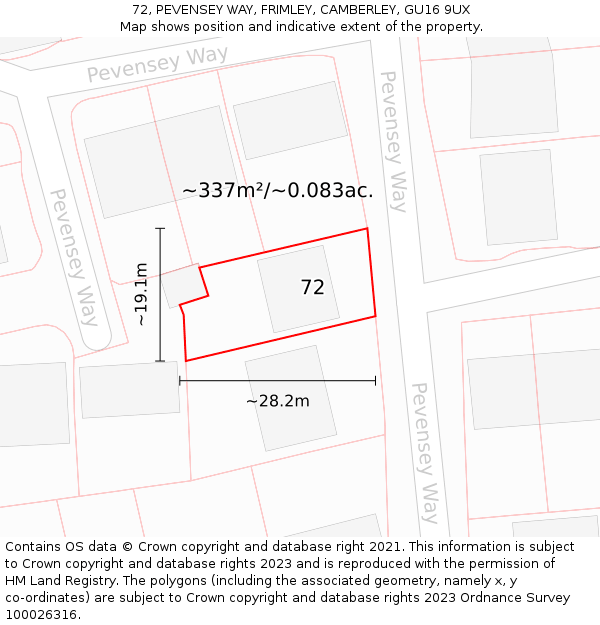 72, PEVENSEY WAY, FRIMLEY, CAMBERLEY, GU16 9UX: Plot and title map