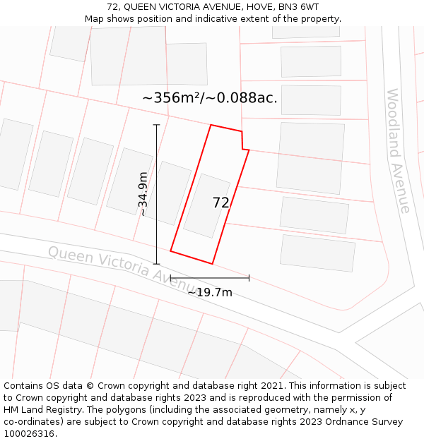 72, QUEEN VICTORIA AVENUE, HOVE, BN3 6WT: Plot and title map