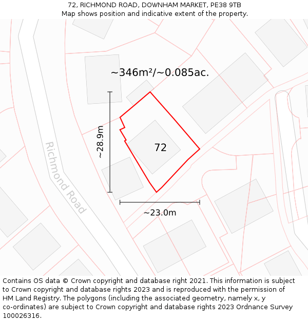 72, RICHMOND ROAD, DOWNHAM MARKET, PE38 9TB: Plot and title map