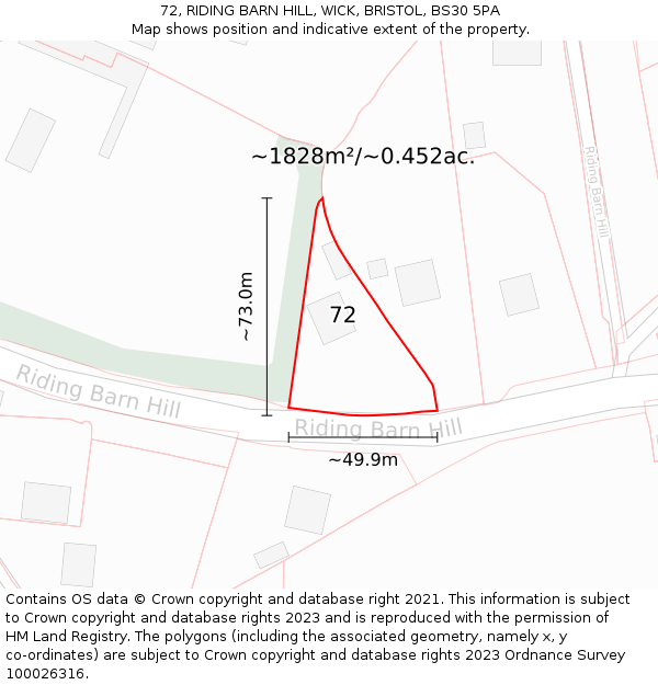 72, RIDING BARN HILL, WICK, BRISTOL, BS30 5PA: Plot and title map