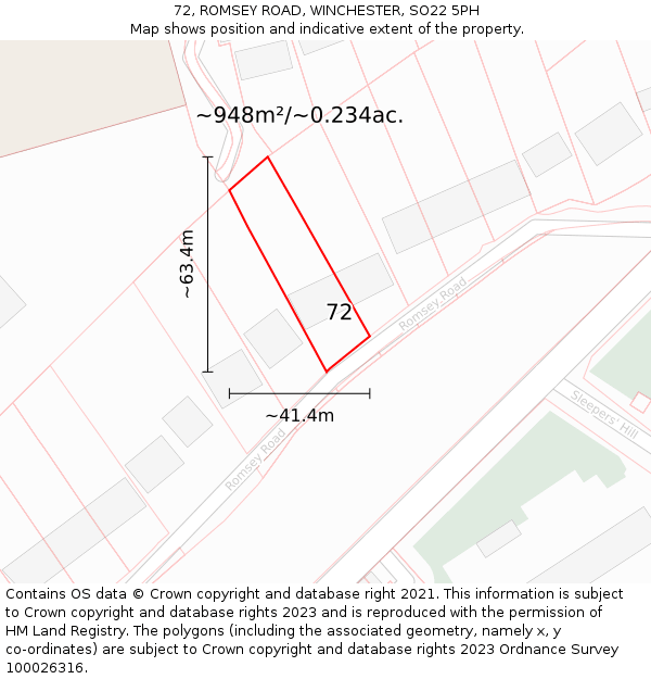 72, ROMSEY ROAD, WINCHESTER, SO22 5PH: Plot and title map