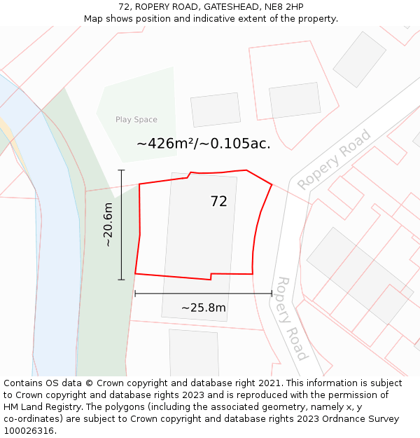 72, ROPERY ROAD, GATESHEAD, NE8 2HP: Plot and title map