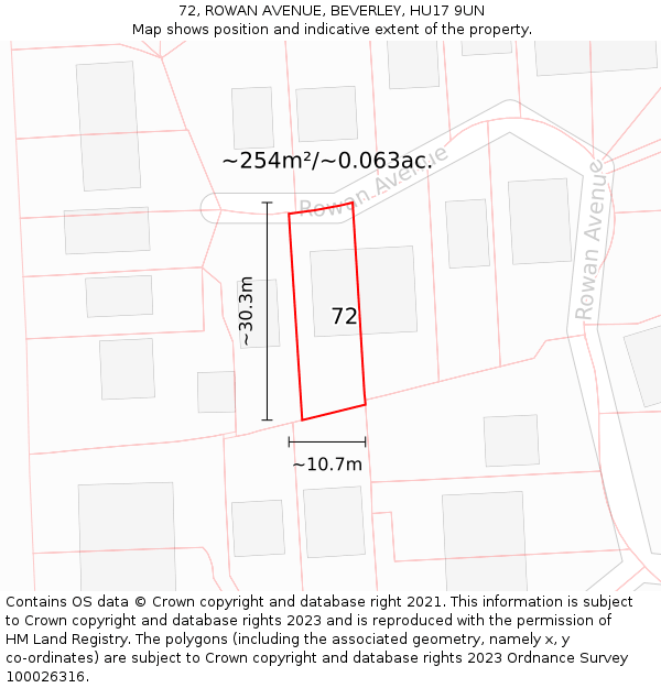 72, ROWAN AVENUE, BEVERLEY, HU17 9UN: Plot and title map