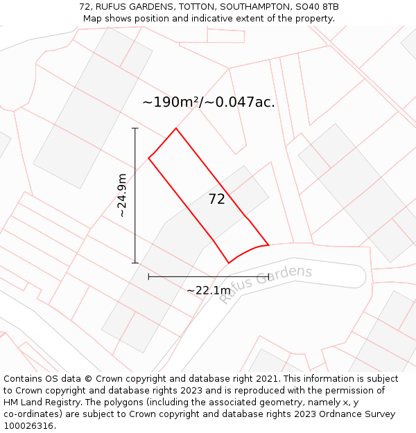 72, RUFUS GARDENS, TOTTON, SOUTHAMPTON, SO40 8TB: Plot and title map