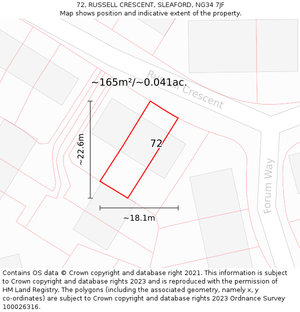 72, RUSSELL CRESCENT, SLEAFORD, NG34 7JF: Plot and title map