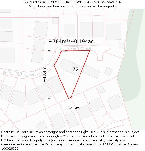 72, SANDICROFT CLOSE, BIRCHWOOD, WARRINGTON, WA3 7LA: Plot and title map