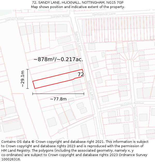 72, SANDY LANE, HUCKNALL, NOTTINGHAM, NG15 7GP: Plot and title map