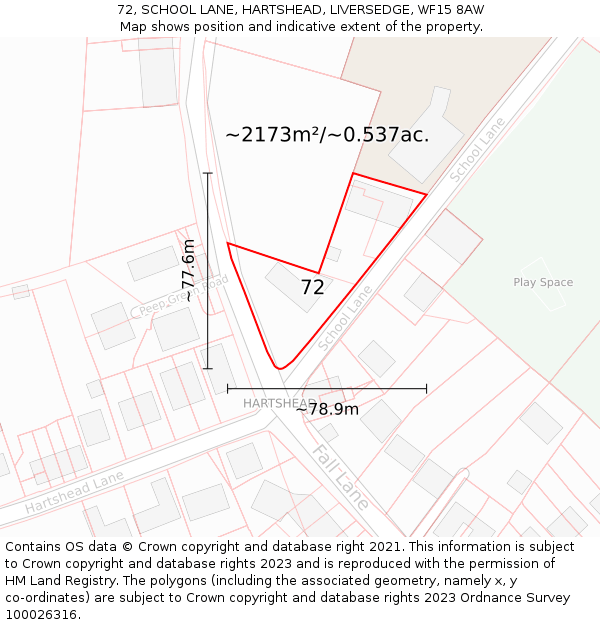 72, SCHOOL LANE, HARTSHEAD, LIVERSEDGE, WF15 8AW: Plot and title map