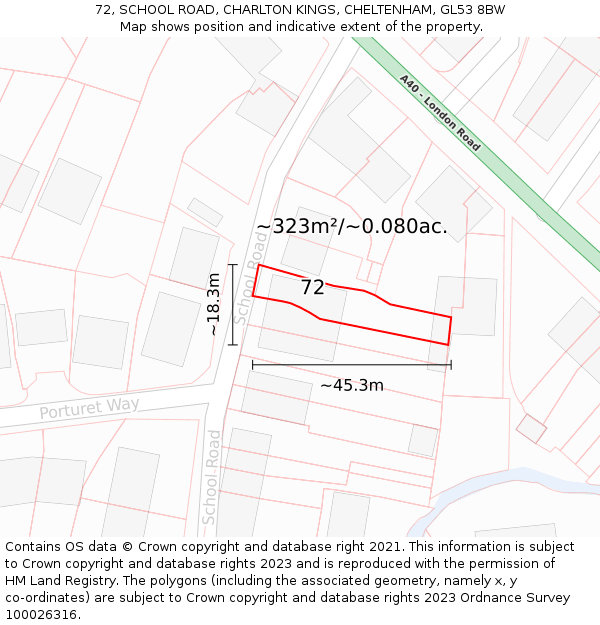 72, SCHOOL ROAD, CHARLTON KINGS, CHELTENHAM, GL53 8BW: Plot and title map