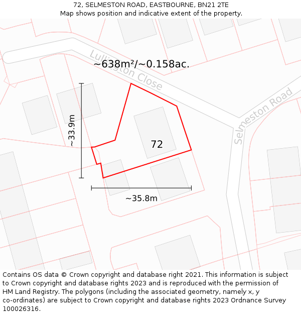 72, SELMESTON ROAD, EASTBOURNE, BN21 2TE: Plot and title map