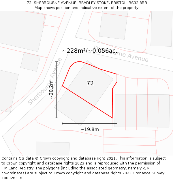 72, SHERBOURNE AVENUE, BRADLEY STOKE, BRISTOL, BS32 8BB: Plot and title map