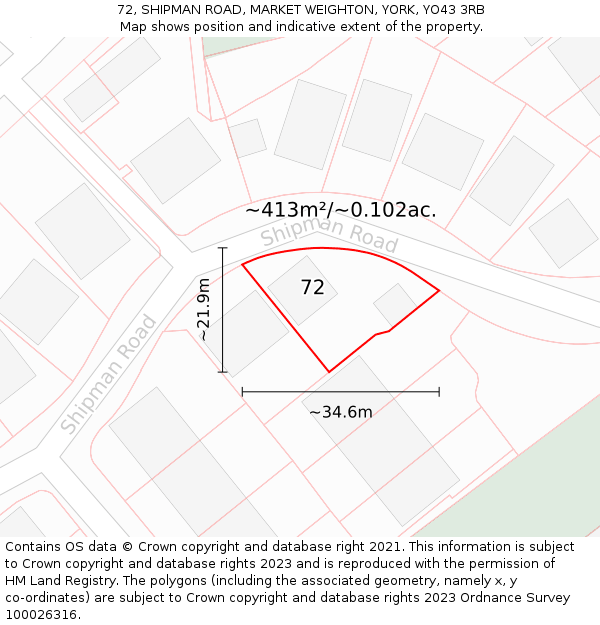 72, SHIPMAN ROAD, MARKET WEIGHTON, YORK, YO43 3RB: Plot and title map