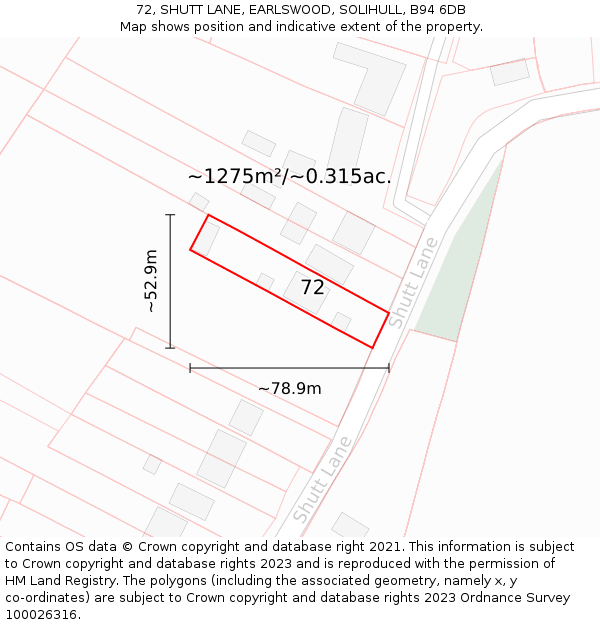 72, SHUTT LANE, EARLSWOOD, SOLIHULL, B94 6DB: Plot and title map