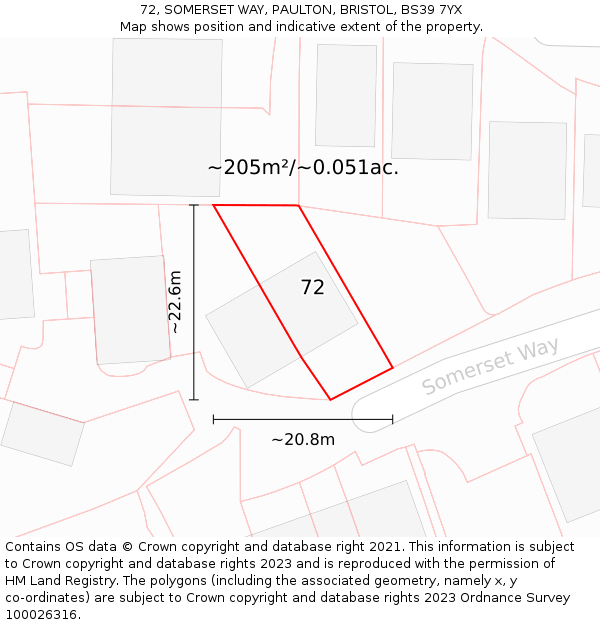 72, SOMERSET WAY, PAULTON, BRISTOL, BS39 7YX: Plot and title map