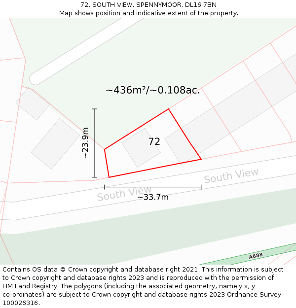 72, SOUTH VIEW, SPENNYMOOR, DL16 7BN: Plot and title map