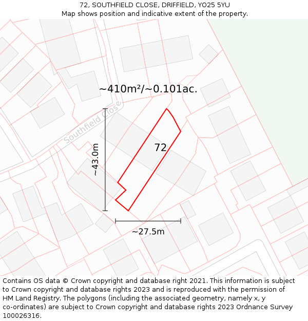 72, SOUTHFIELD CLOSE, DRIFFIELD, YO25 5YU: Plot and title map