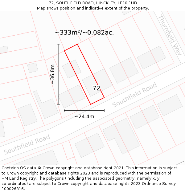 72, SOUTHFIELD ROAD, HINCKLEY, LE10 1UB: Plot and title map