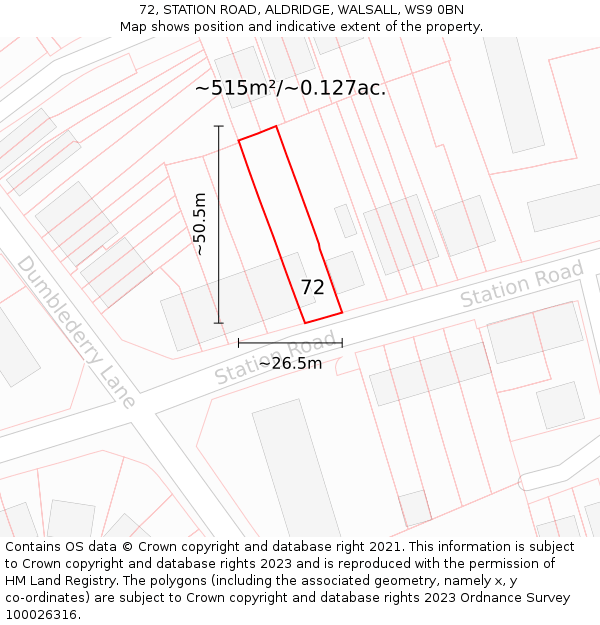 72, STATION ROAD, ALDRIDGE, WALSALL, WS9 0BN: Plot and title map