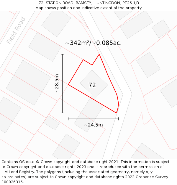 72, STATION ROAD, RAMSEY, HUNTINGDON, PE26 1JB: Plot and title map