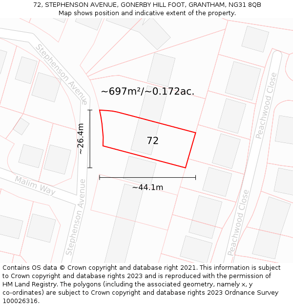 72, STEPHENSON AVENUE, GONERBY HILL FOOT, GRANTHAM, NG31 8QB: Plot and title map