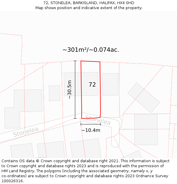 72, STONELEA, BARKISLAND, HALIFAX, HX4 0HD: Plot and title map