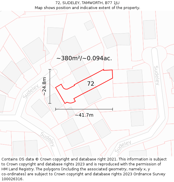 72, SUDELEY, TAMWORTH, B77 1JU: Plot and title map