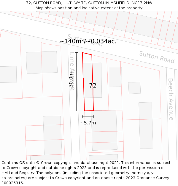 72, SUTTON ROAD, HUTHWAITE, SUTTON-IN-ASHFIELD, NG17 2NW: Plot and title map