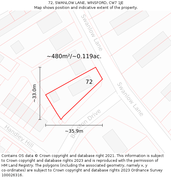 72, SWANLOW LANE, WINSFORD, CW7 1JE: Plot and title map