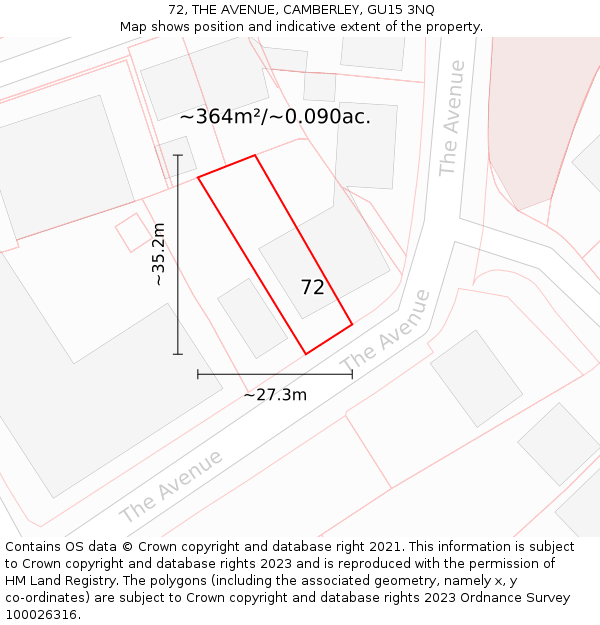 72, THE AVENUE, CAMBERLEY, GU15 3NQ: Plot and title map