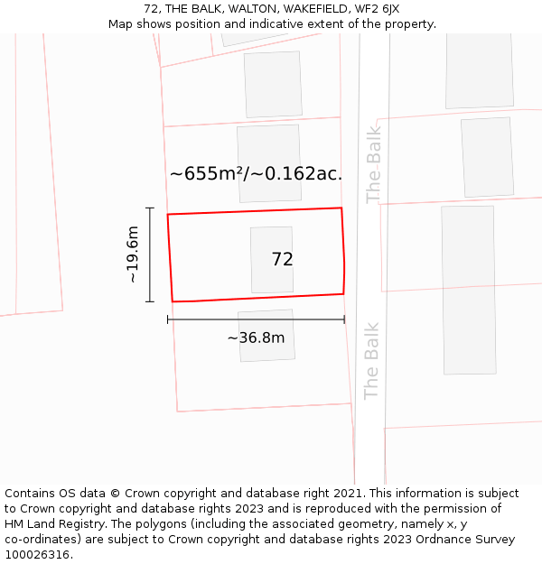 72, THE BALK, WALTON, WAKEFIELD, WF2 6JX: Plot and title map