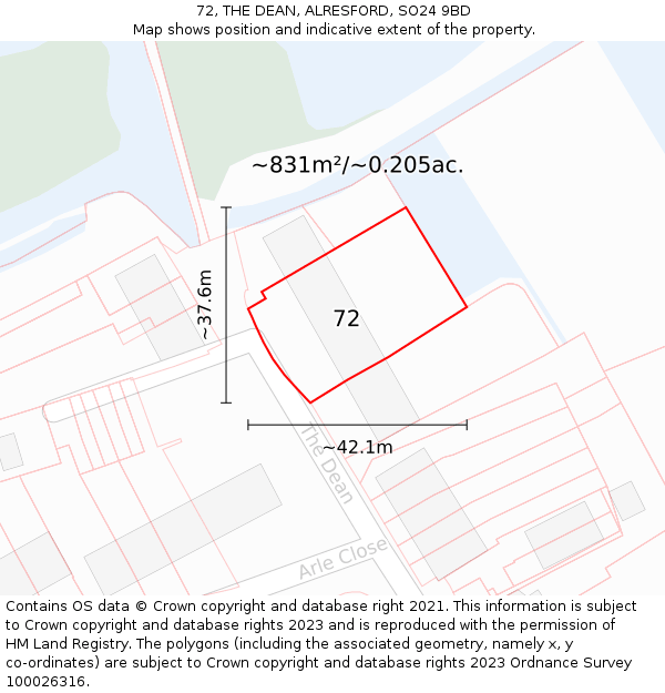 72, THE DEAN, ALRESFORD, SO24 9BD: Plot and title map