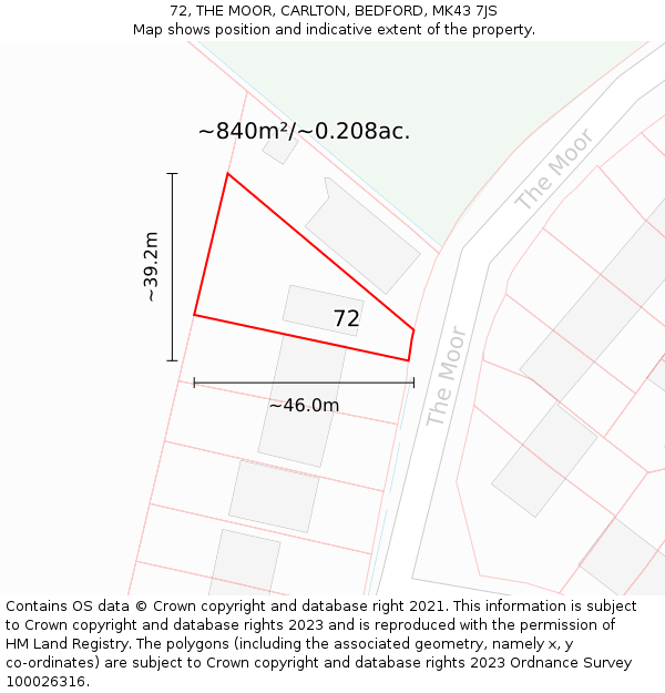 72, THE MOOR, CARLTON, BEDFORD, MK43 7JS: Plot and title map