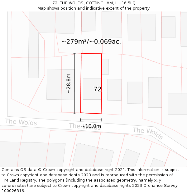 72, THE WOLDS, COTTINGHAM, HU16 5LQ: Plot and title map