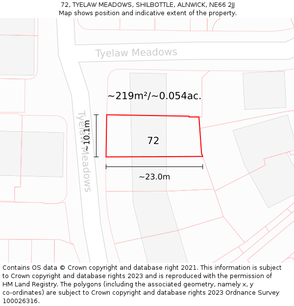 72, TYELAW MEADOWS, SHILBOTTLE, ALNWICK, NE66 2JJ: Plot and title map