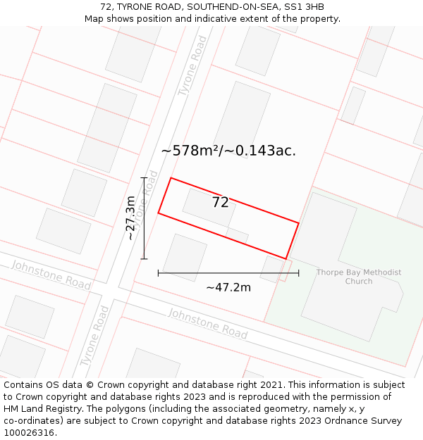 72, TYRONE ROAD, SOUTHEND-ON-SEA, SS1 3HB: Plot and title map