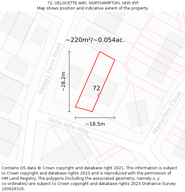 72, VELOCETTE WAY, NORTHAMPTON, NN5 6YF: Plot and title map