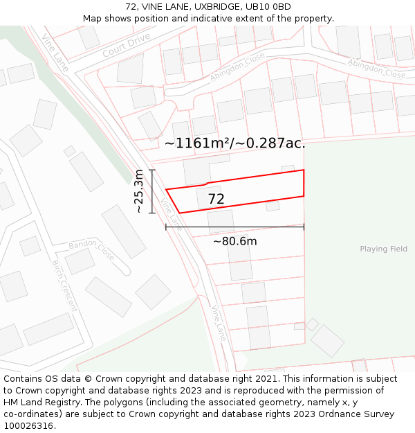 72, VINE LANE, UXBRIDGE, UB10 0BD: Plot and title map