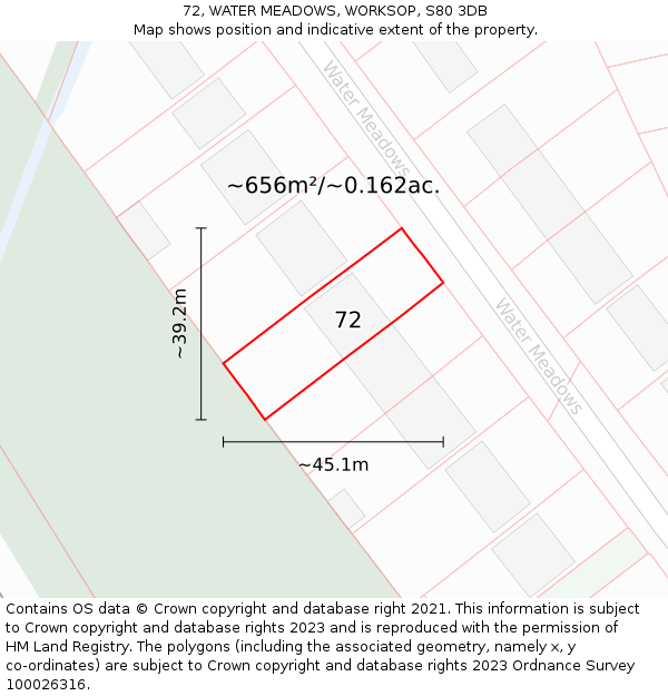 72, WATER MEADOWS, WORKSOP, S80 3DB: Plot and title map