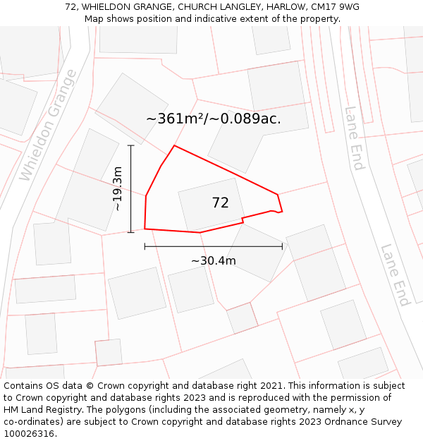 72, WHIELDON GRANGE, CHURCH LANGLEY, HARLOW, CM17 9WG: Plot and title map