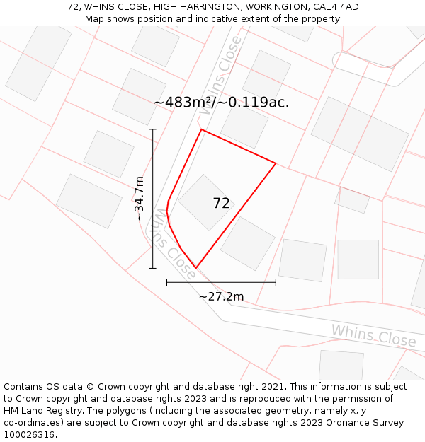 72, WHINS CLOSE, HIGH HARRINGTON, WORKINGTON, CA14 4AD: Plot and title map