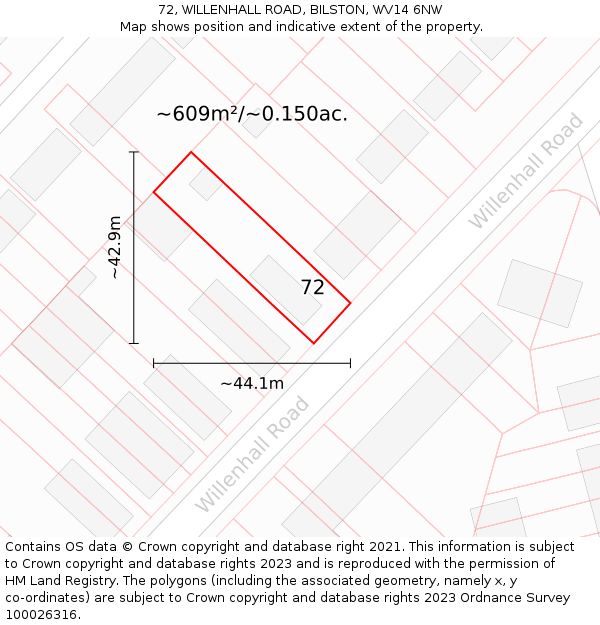 72, WILLENHALL ROAD, BILSTON, WV14 6NW: Plot and title map