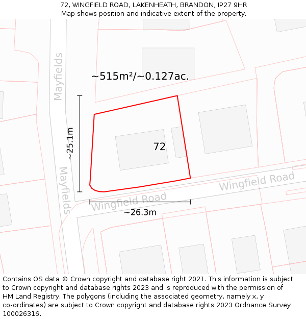 72, WINGFIELD ROAD, LAKENHEATH, BRANDON, IP27 9HR: Plot and title map