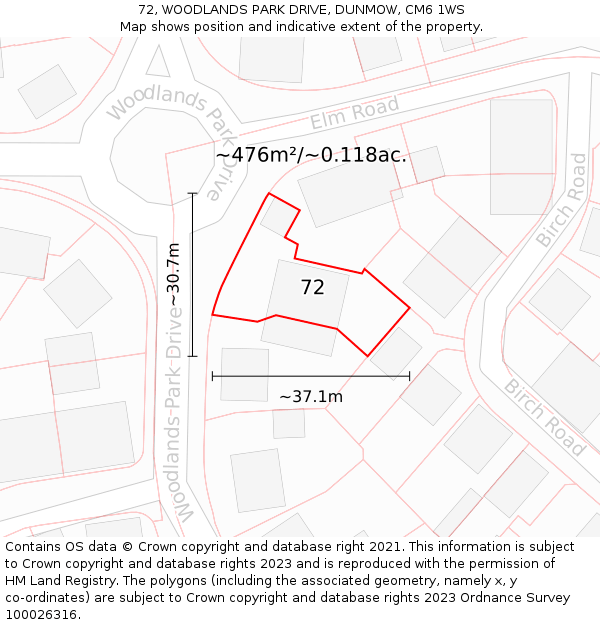 72, WOODLANDS PARK DRIVE, DUNMOW, CM6 1WS: Plot and title map