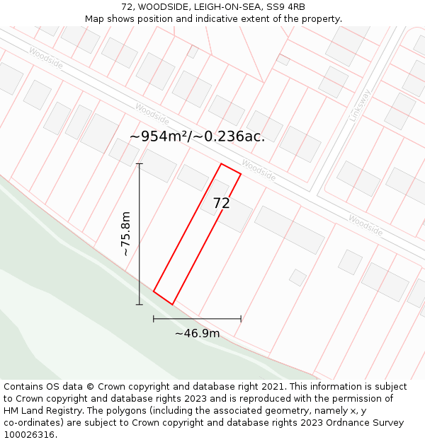 72, WOODSIDE, LEIGH-ON-SEA, SS9 4RB: Plot and title map