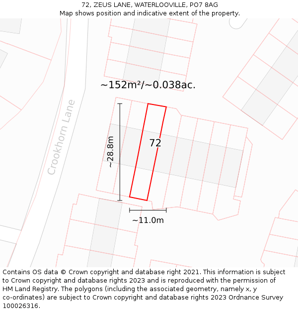 72, ZEUS LANE, WATERLOOVILLE, PO7 8AG: Plot and title map