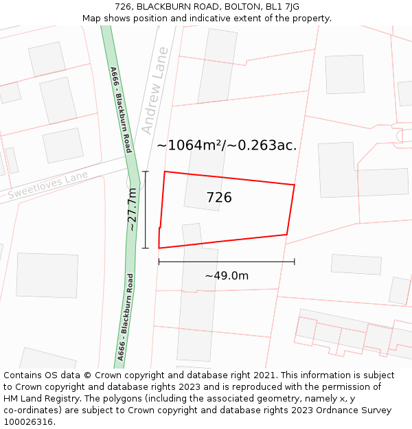 726, BLACKBURN ROAD, BOLTON, BL1 7JG: Plot and title map