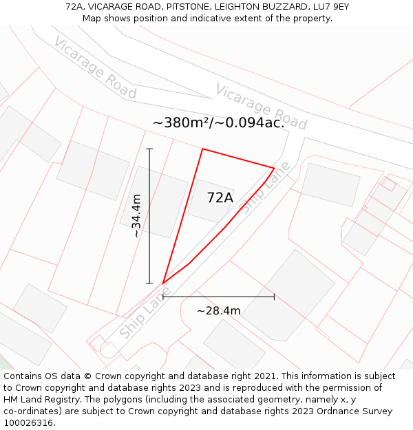 72A, VICARAGE ROAD, PITSTONE, LEIGHTON BUZZARD, LU7 9EY: Plot and title map