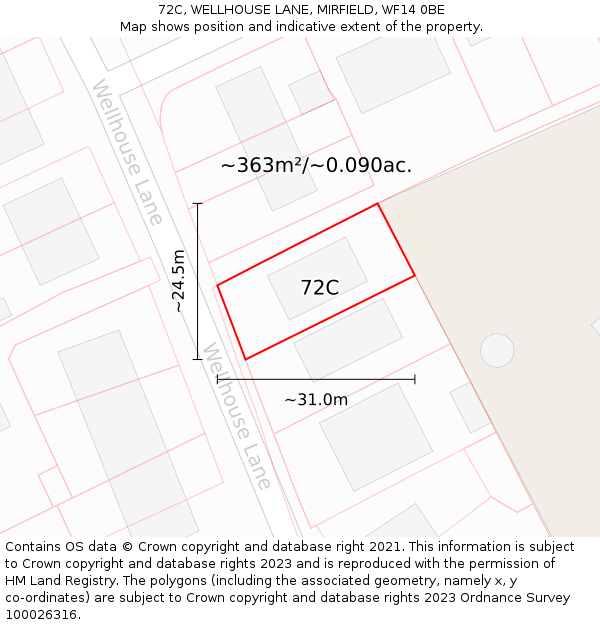 72C, WELLHOUSE LANE, MIRFIELD, WF14 0BE: Plot and title map