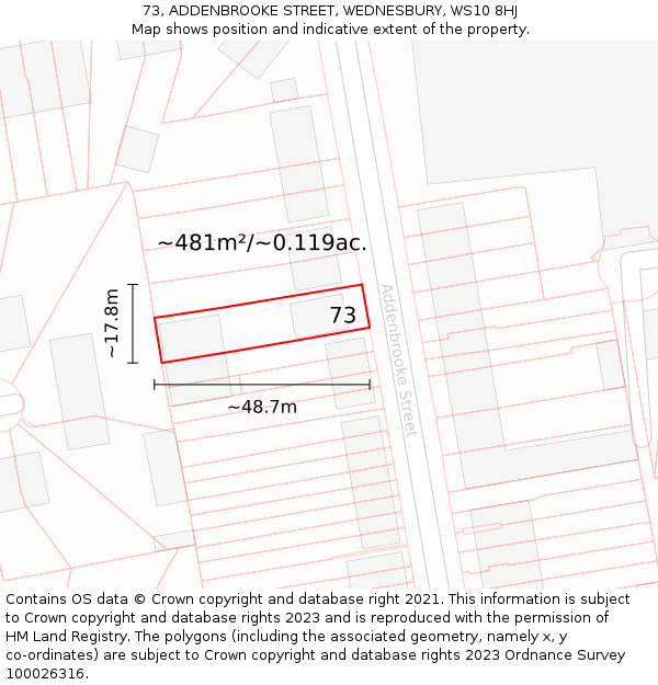 73, ADDENBROOKE STREET, WEDNESBURY, WS10 8HJ: Plot and title map